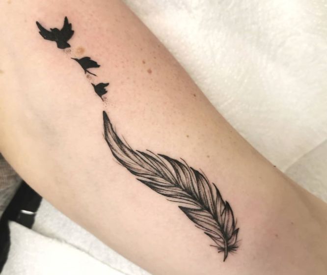 tatuajes pluma pajaros brazo